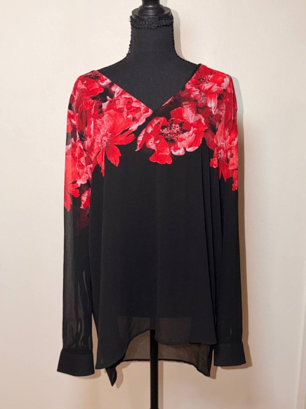 Calvin Klein Black Red Floral Blouse Sheer Sleeve Romantic Evening Top XL